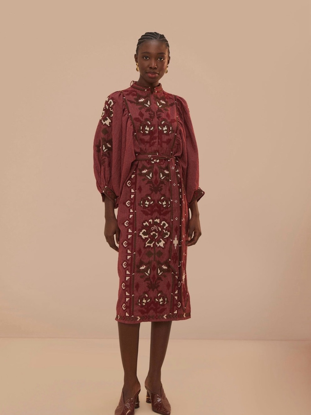 FARM Rio Toucans Scarf Cross Stitch Embroidered Midi Dress - burgandy